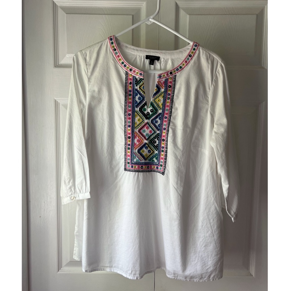 Talbots White Blouse with Multicolor Embroidery